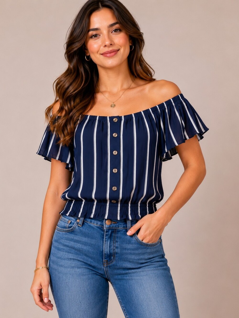 H&M Navy White Striped Off Shoulder Blouse Women's Large Flutter Sleeve Buttons